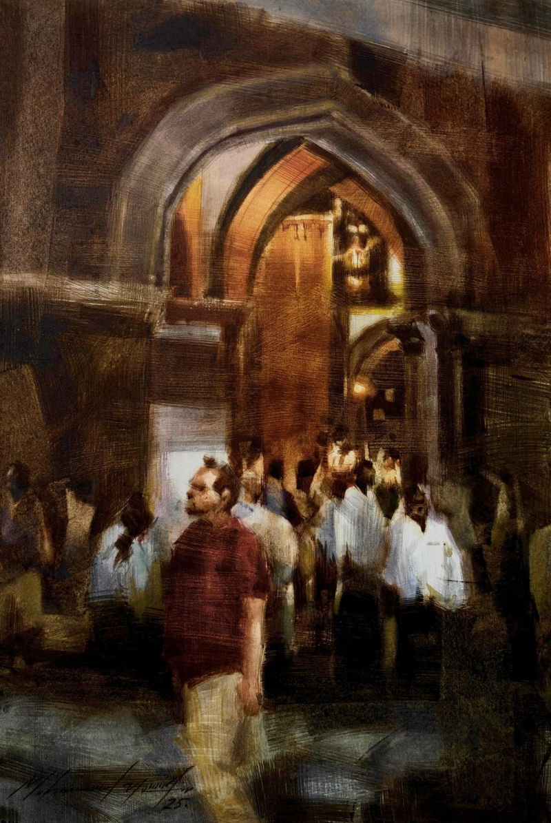 Csmt Ticket Counter' cityscape watercolor painting by artist Mohammad Yusuf, 14x9 inch, on paper