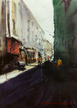 Cst (Bora Bazar) by Kiran Gunjkar, Original Watercolor Cityscape Painting on Handmade Paper, Small Vertical Wall Art