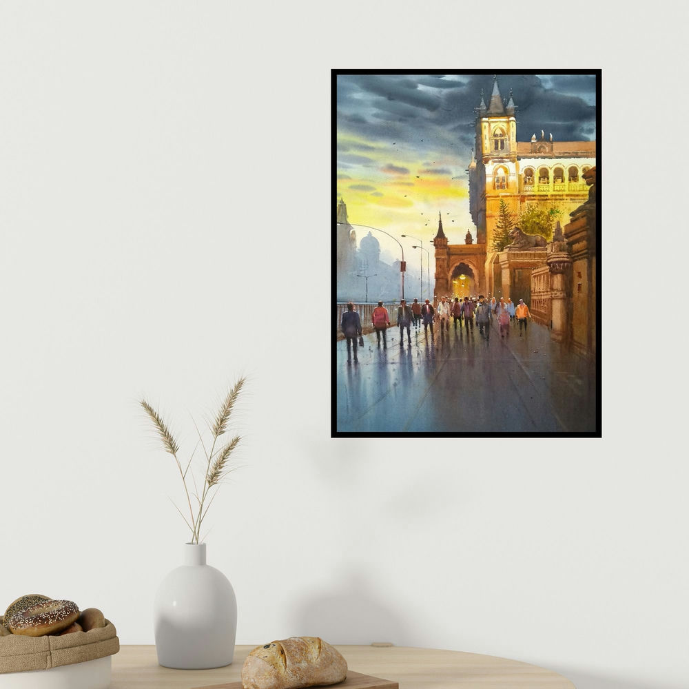 Nanasaheb Yeole's 'Cst Mumbai' painting visualized above a sofa in a contemporary room.