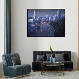 Atul Gendle's 'Cst Mumbai (Mumbai Nights)' painting visualized above a sofa in a contemporary room.