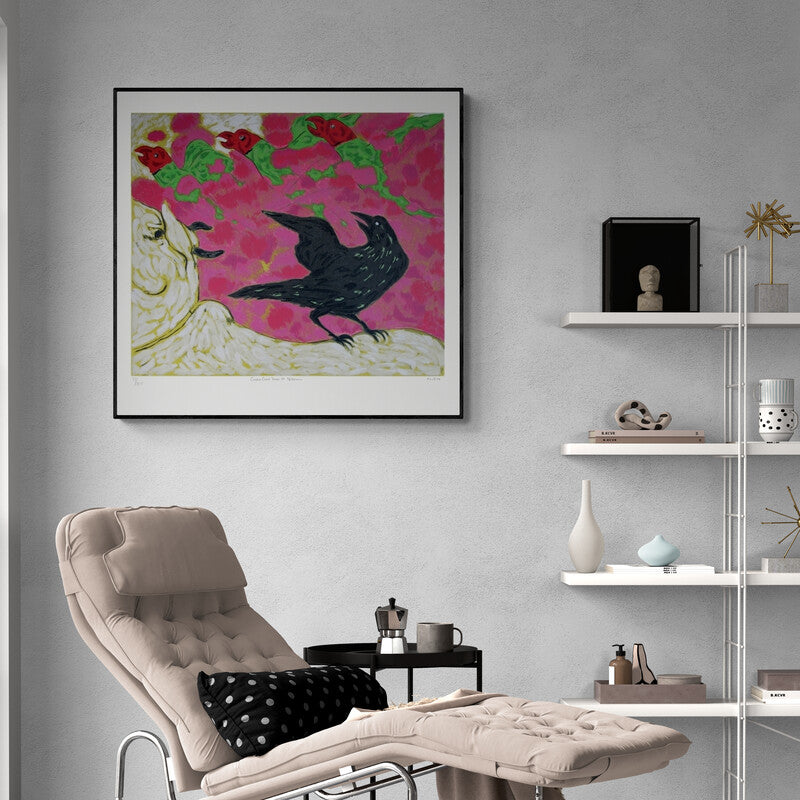 Preview of 'Cuckoo Crow At Nathdwara (Crow and Parrots)' Painting by Amit Ambalal shown on a wall in a furnished room.