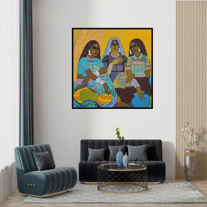 Preview of 'Culture (Intersecting Planes)' Painting by Rahul Pawar shown on a wall in a furnished room.