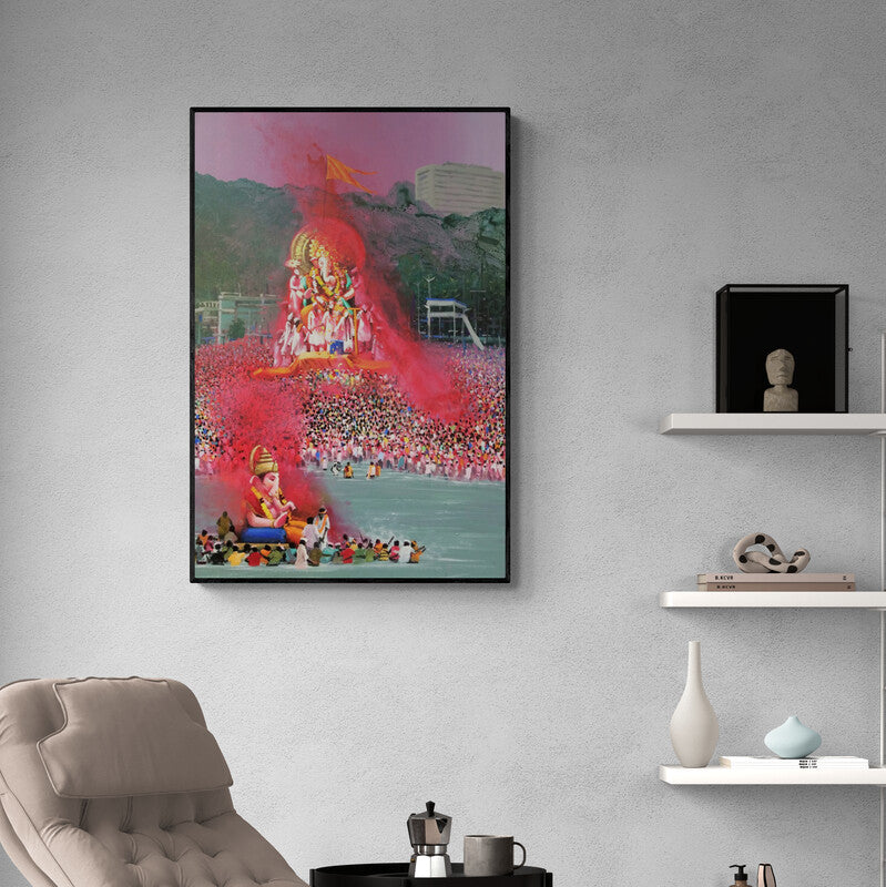 In-situ view of Amol Satre's 'Culture Of India 2 (Farewell to Ganesha)' painting in a room