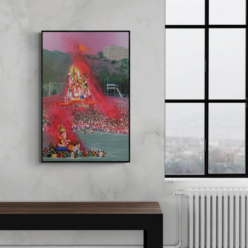 Amol Satre's 'Culture Of India 2 (Farewell to Ganesha)' Painting visualized above a sofa in a contemporary room