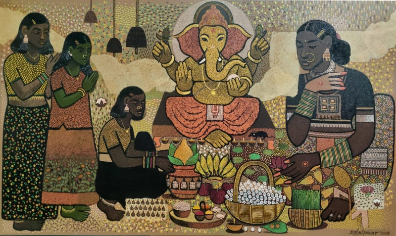 'Culture Series 11' religious acrylic painting by artist Rahul Pawar, 36x60 inch, on canvas