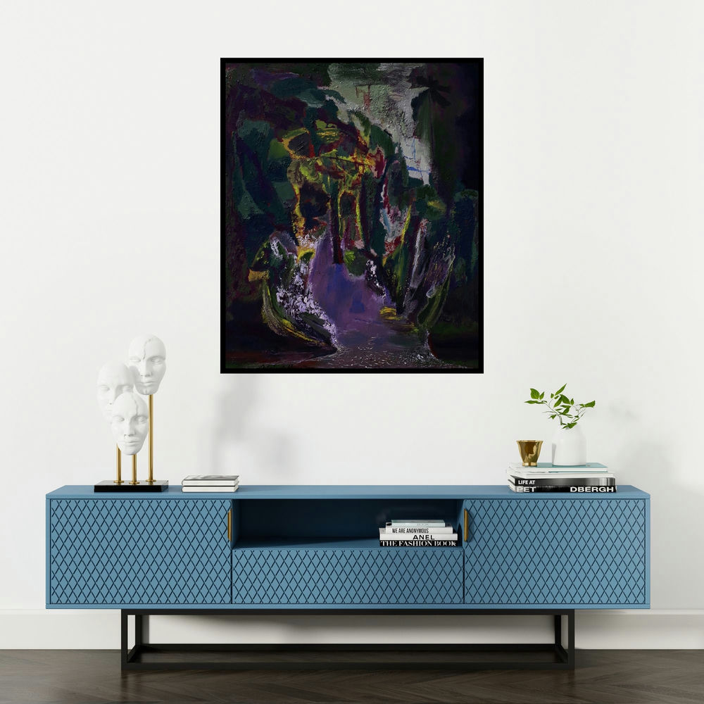 Debabrata Hazra's 'Culvert (Into the Unknown)' painting visualized above a sofa in a contemporary room.