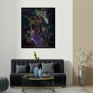 'Culvert (Into the Unknown)' painting by Debabrata Hazra shown on a wall in a furnished room.