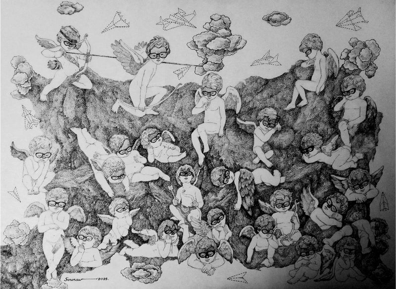 'Cupid' contemporary pen-ink drawing by artist Sourav Nandy, 22x30 inch, on paper