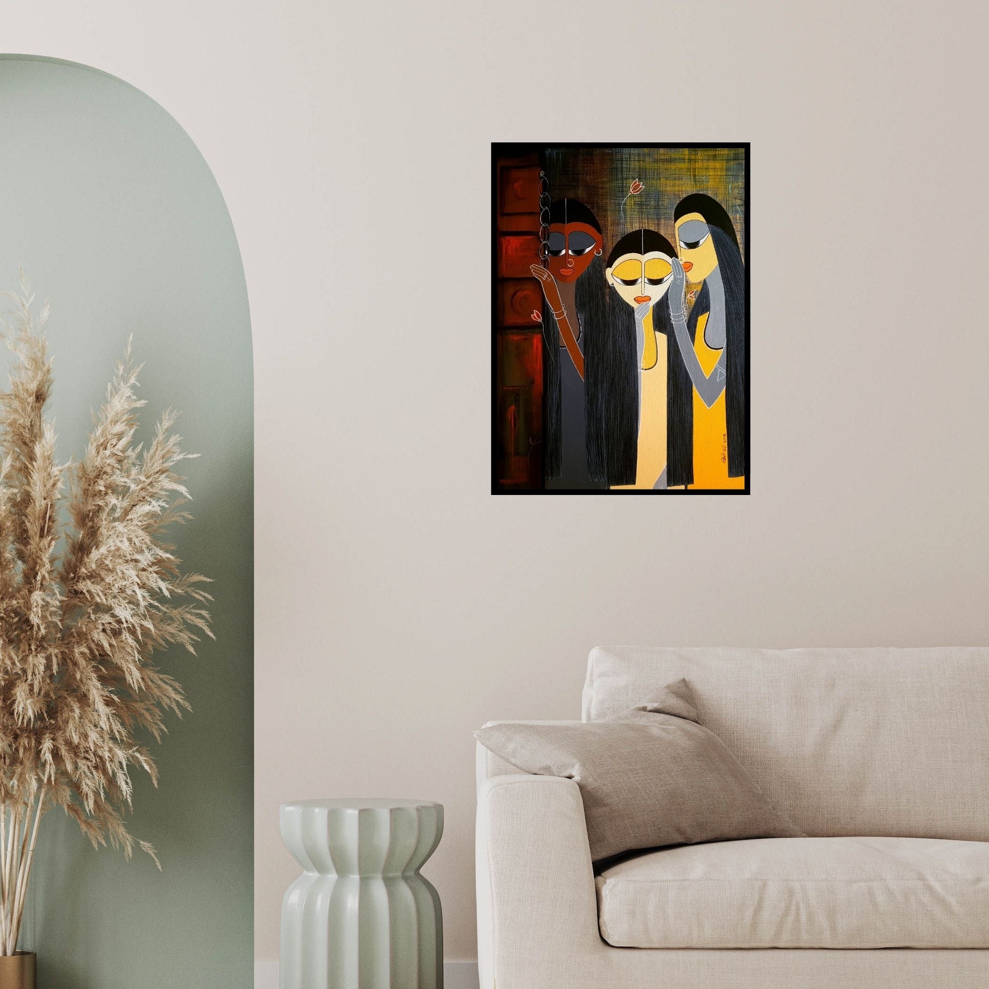 In-situ view of Rangoli Garg's 'Curiosity (Three Women)' painting in a room