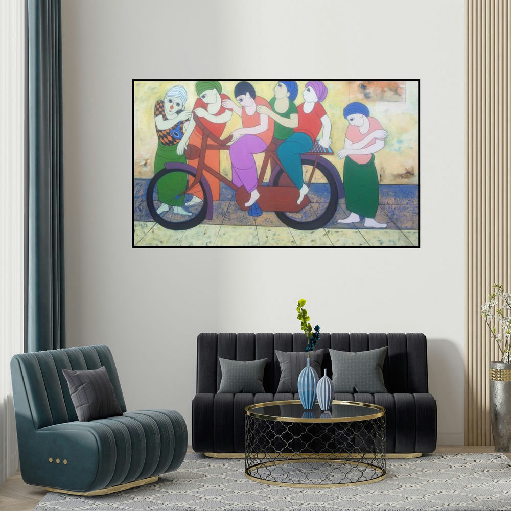 Dnyaneshwar Bembade's 'Cycling (Wheels of Unity)' painting visualized above a sofa in a contemporary room.