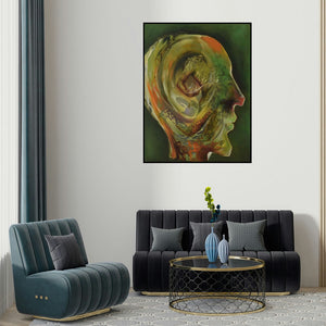 Durshit Bhaskar's 'Dab100 (Minds Labyrinth)' painting visualized above a sofa in a contemporary room.