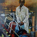 Figurative acrylic painting titled 'Dabbawala Series 1', 72x48 inches, by artist Vijay Gille on Canvas