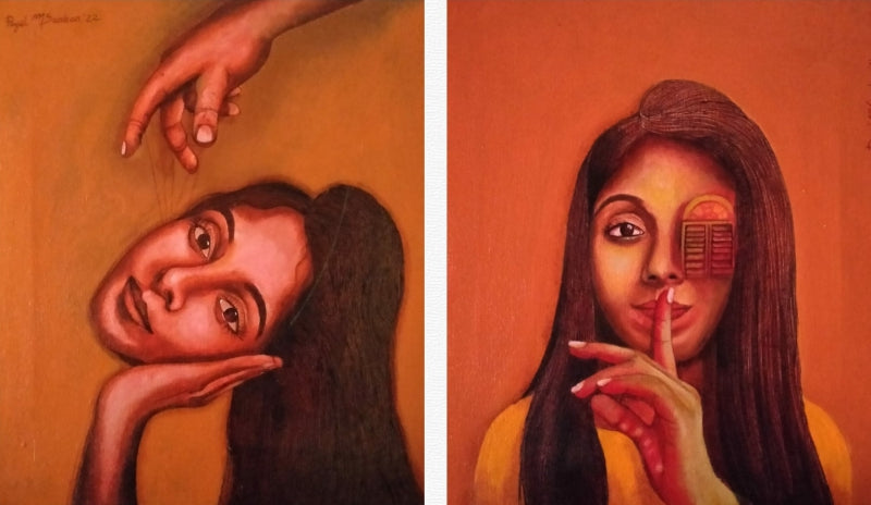 Daily Dilemma' figurative acrylic painting by artist Payel Mitra Sarkar, 13x24 inch, on canvas