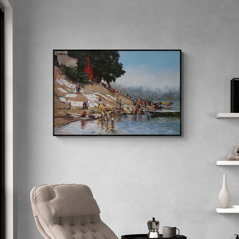 In-situ view of Sachin Sawant's 'Daily Life Banaras' painting in a room