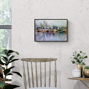 Preview of 'Dal Lake (Dal Lake Houseboats)' Painting by Asit Singh shown on a wall in a furnished room.