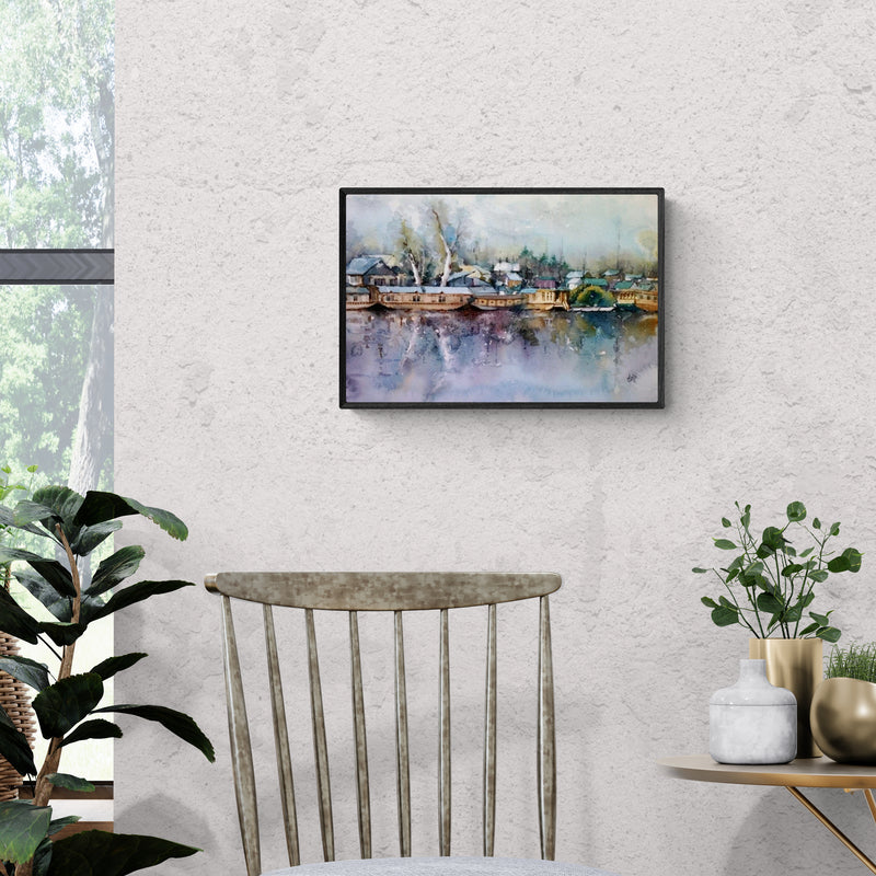 Preview of 'Dal Lake (Dal Lake Houseboats)' Painting by Asit Singh shown on a wall in a furnished room.