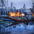 Cityscape watercolor painting titled 'Dal Lake Evening', 15x22 inch, by artist Achintya Hazra on Paper