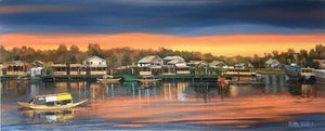 Dal Lake Kashmir 1 (Sunset on Dal Lake) by Parimal Vaghela, Original Acrylic Cityscape Painting on Canvas, Small Horizontal Wall Art