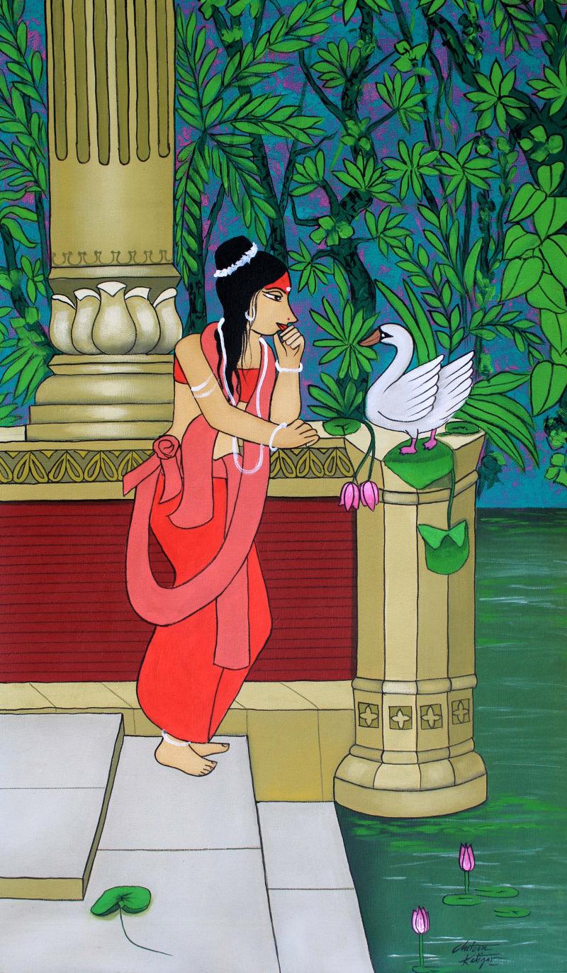 Figurative acrylic painting titled 'Damayanti', 38x23 inches, by artist Chetan Katigar on Canvas