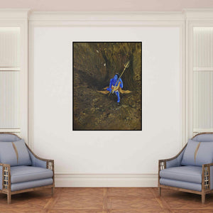 'Damru And Trishul (Woman Musician)' painting by Durshit Bhaskar shown on a wall in a furnished room.