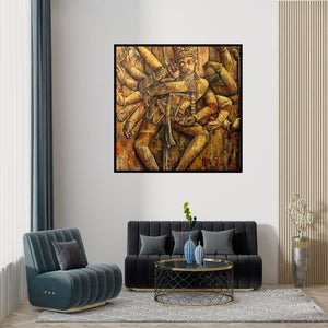 Preview of 'Dance Of Creation' Painting by Suruchi Jamkar shown on a wall in a furnished room.