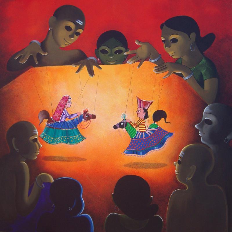 Figurative acrylic painting titled 'Dance Drama', 46x46 inches, by artist Prakash Pore on Canvas