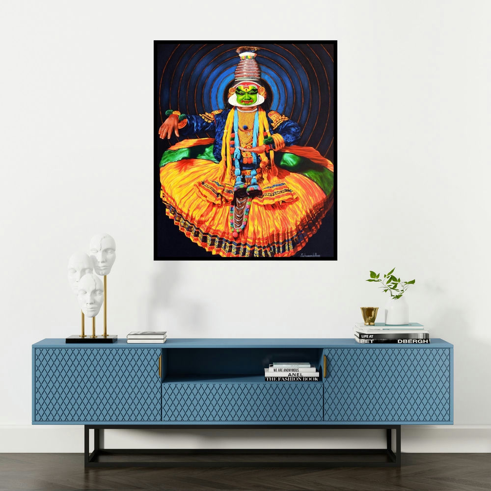 Prashantt Yampure's 'Dance Kathakali 2' painting visualized above a sofa in a contemporary room.