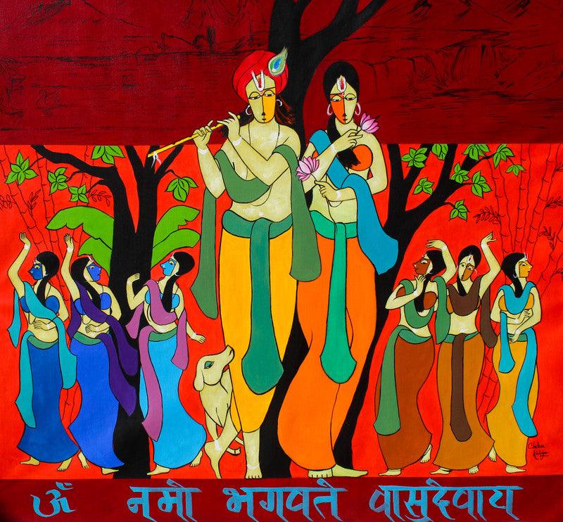 Figurative acrylic painting titled 'Dance of divine', 45x47 inches, by artist Chetan Katigar on Canvas