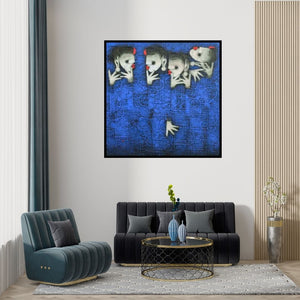 Preview of 'Dance To The Tune (The Conversation)' Painting by Basuki Dasgupta shown on a wall in a furnished room.