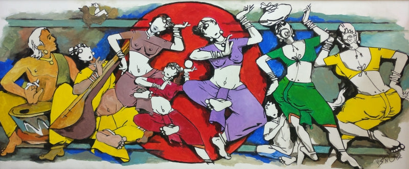 Dancing Figures' figurative acrylic painting by artist Vishnu Sonavane, 38x60 inch, on canvas