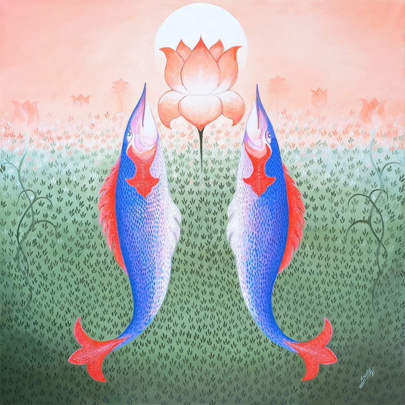 In-situ view of Seby Augustine's 'Dancing Fishes' painting in a room