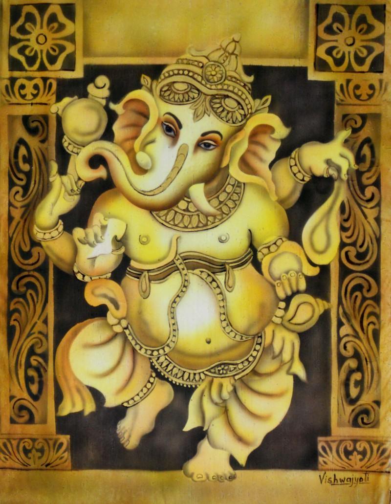 Religious airbrush painting titled 'Dancing Ganesh Yellow', 34x28 inches, by artist Vishwajyoti Mohrhoff on Canvas