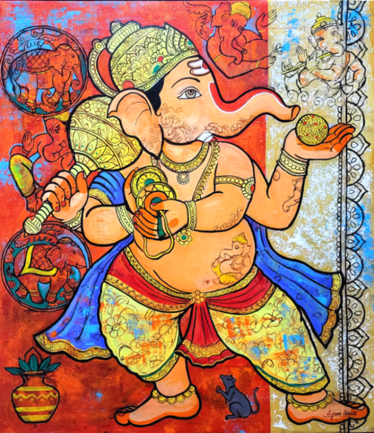 Dancing Ganesha' religious acrylic painting by artist Arjun Das, 40x36 inch, on canvas