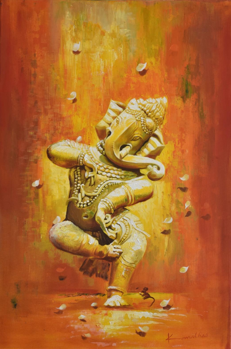 Dancing Ganesha' religious oil painting by artist Kamal Rao, 36x24 inch, on canvas