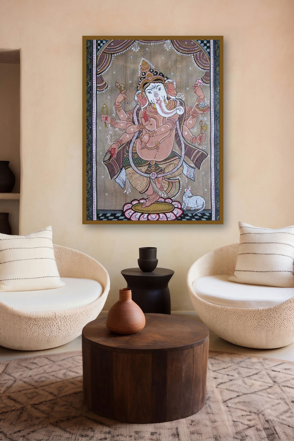 Dancing Ganesha Tasar Cloth Painting (Bestowing Blessings: Ganesha in Tasar Artistry) by artist Pradeep Swain displayed in a Designer gallery