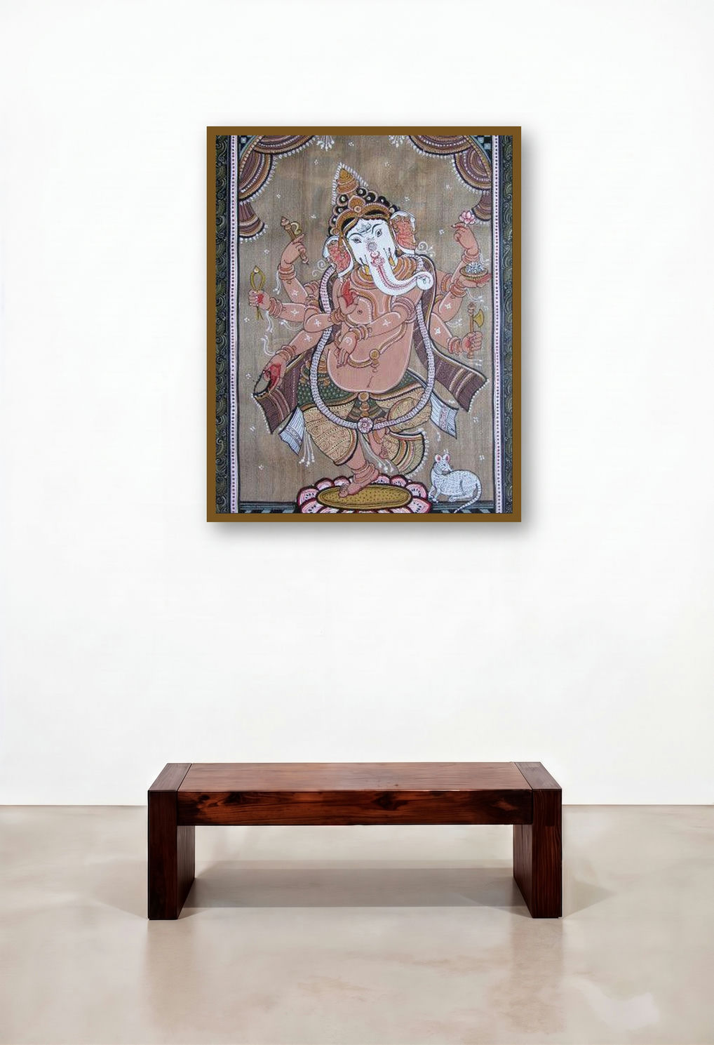 Dancing Ganesha Tasar Cloth Painting (Bestowing Blessings: Ganesha in Tasar Artistry) by artist Pradeep Swain displayed in a Mid-Century Modern Reception Area