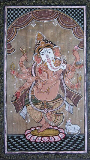 Dancing Ganesha Tasar Cloth Painting (Bestowing Blessings: Ganesha in Tasar Artistry) by Pradeep Swain, Original Fabric Folk Art Painting on Cloth, Small Vertical Wall Art