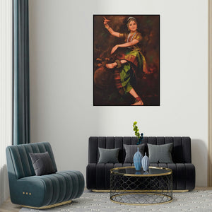 Kamal Rao's 'Dancing Lady (Rhythm and Grace)' painting visualized above a sofa in a contemporary room.