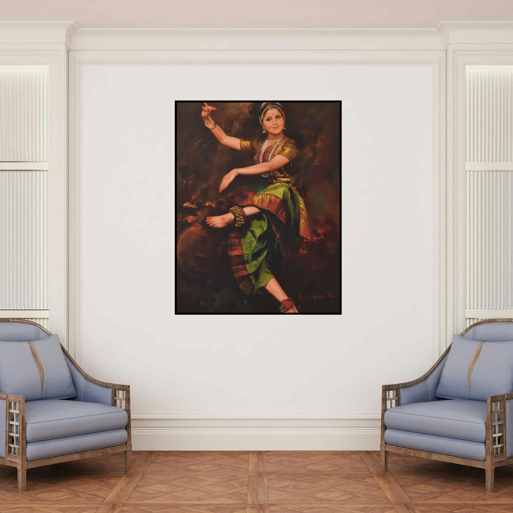'Dancing Lady (Rhythm and Grace)' painting by Kamal Rao shown on a wall in a furnished room.