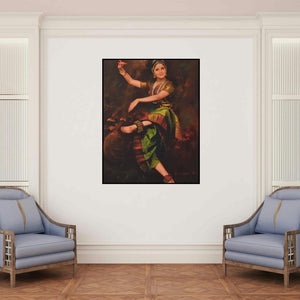 'Dancing Lady (Rhythm and Grace)' painting by Kamal Rao shown on a wall in a furnished room.