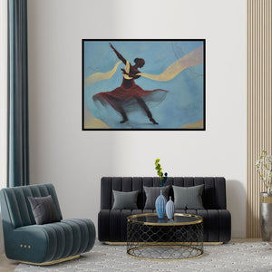 Preview of 'The Dancing Lady (Solitary Glow)' Painting by Nirmal Yadav shown on a wall in a furnished room.
