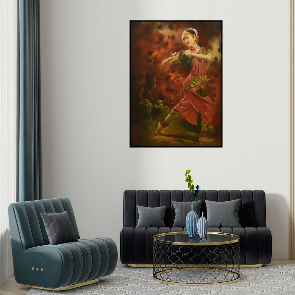 Kamal Rao's 'Dancing Lady' painting visualized above a sofa in a contemporary room.