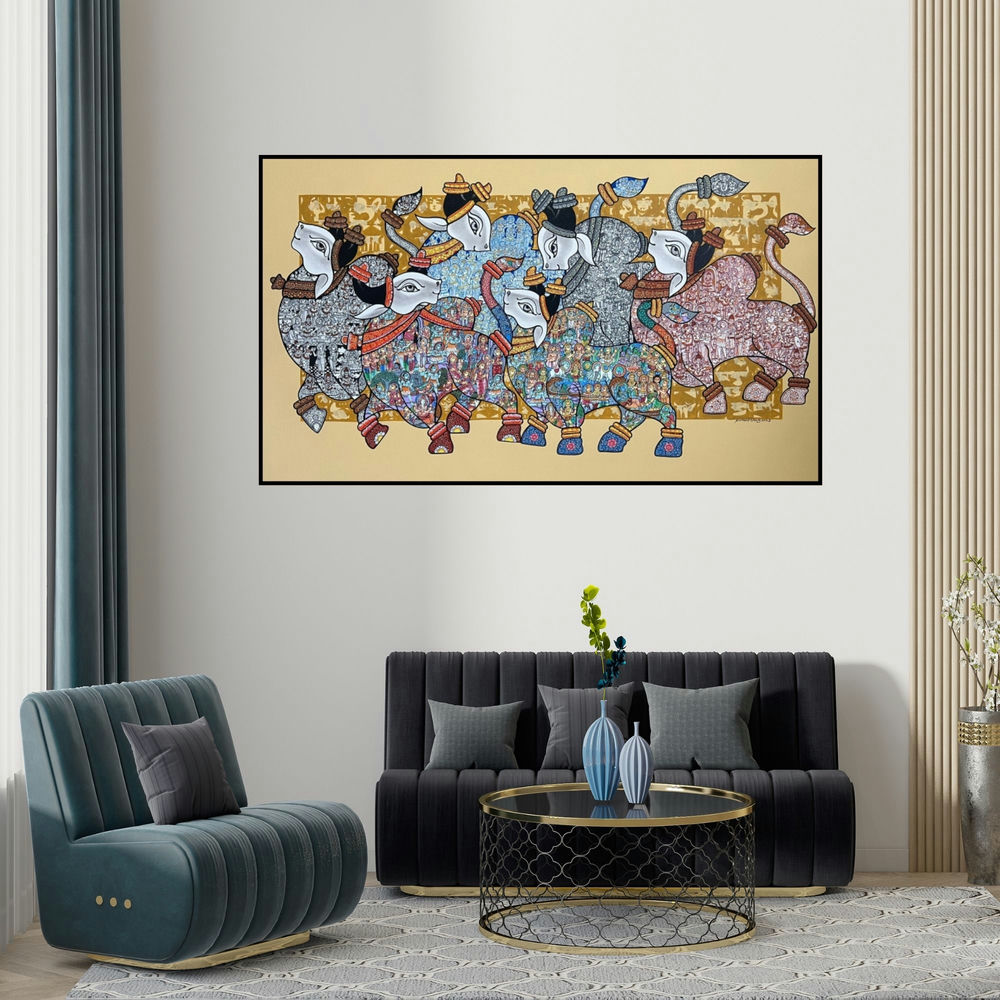 Vivek Kumavat's 'Dancing Nandi (Procession of the Sacred Bulls)' painting visualized above a sofa in a contemporary room.