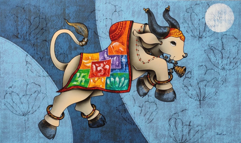 'Dancing Nandi 1' religious acrylic-charcoal painting by artist Paras Parmar, 36x60 inch, on canvas