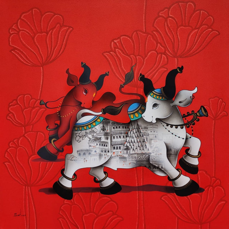 Dancing Nandi 2' religious acrylic-charcoal painting by artist Paras Parmar, 36x36 inch, on canvas