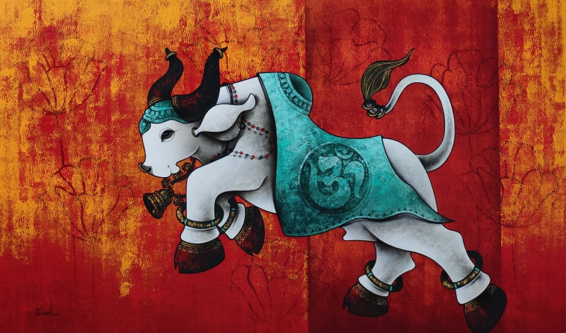 'Dancing Nandi 2' religious acrylic-charcoal painting by artist Paras Parmar, 36x60 inch, on canvas