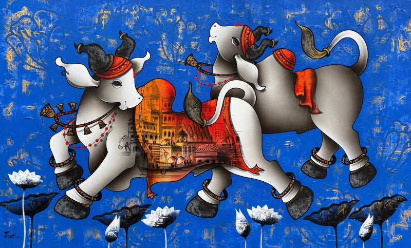 'Dancing Nandi 2' religious acrylic-charcoal painting by artist Paras Parmar, 36x60 inch, on canvas