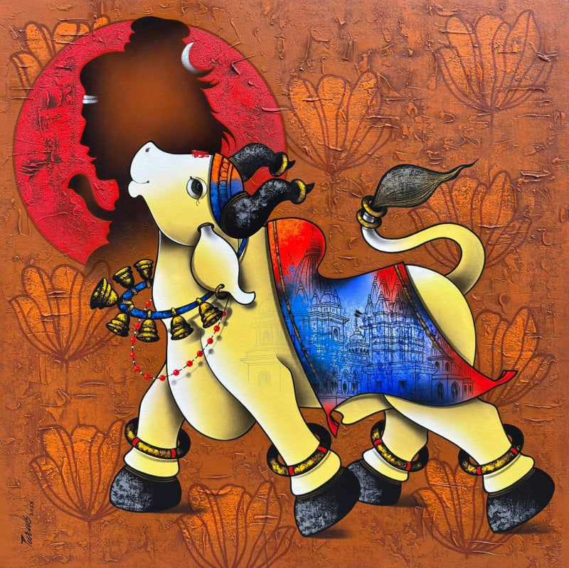 Dancing Nandi 2' religious mixed-media painting by artist Paras Parmar, 36x36 inch, on canvas