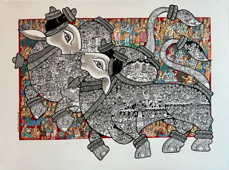 Dancing Nandi' religious acrylic painting by artist Vivek Kumavat, 36x48 inch, on canvas