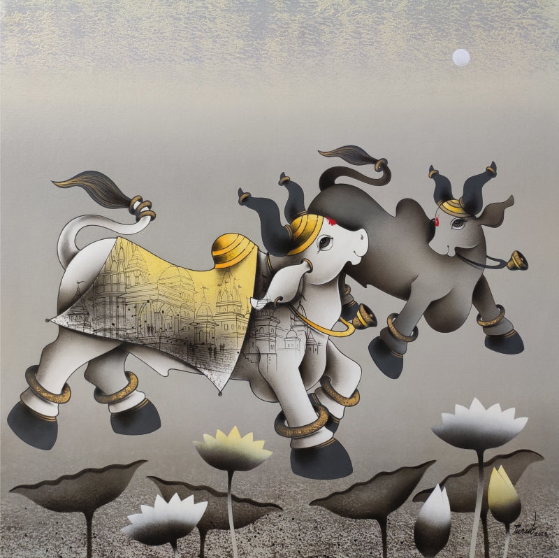 'Dancing Nandi 3' religious acrylic-charcoal painting by artist Paras Parmar, 36x36 inch, on canvas